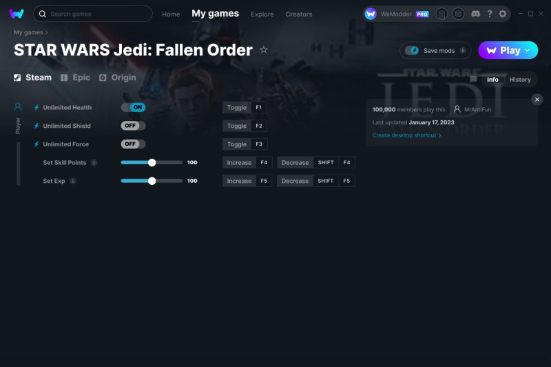 скачать Star Wars Jedi: Fallen Order +5 трейнер v17.01.2023 {MrAntiFun / WeMod}