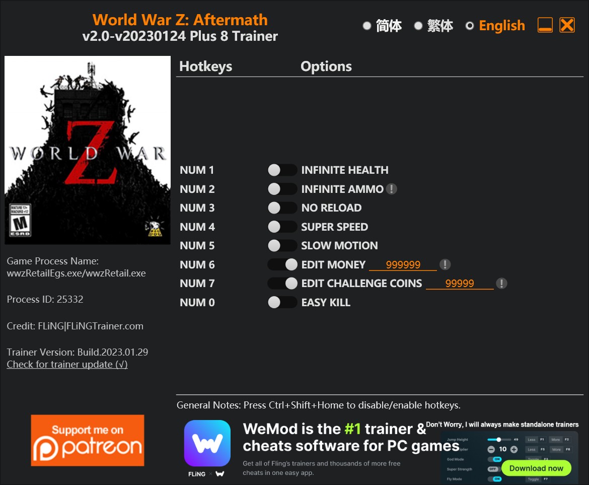 скачать World War Z/World War Z: Aftermath: +8 трейнер v2.0-v20230124 {FLiNG}