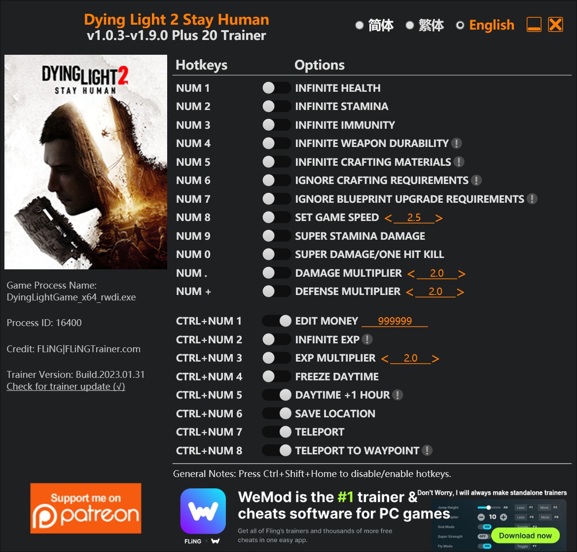 скачать Dying Light 2 Stay Human: +20 трейнер v1.0.3-v1.9.0 {FLiNG}