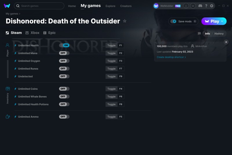 скачать Dishonored: Death of the Outsider +9 трейнер v02.02.2023 {MrAntiFun / WeMod}