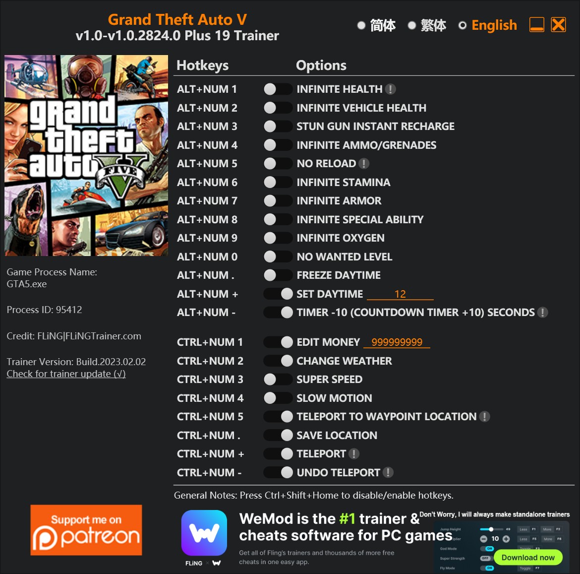 скачать Grand Theft Auto 5: +19 трейнер GTA V v1.0-v1.0.2824.0 {FLiNG}