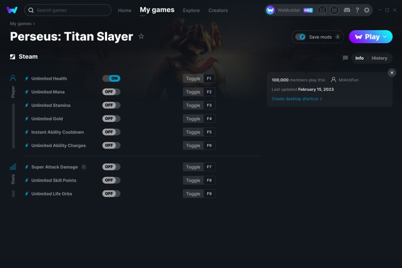 скачать Perseus: Titan Slayer +9 трейнер v15.02.2023 {MrAntiFun / WeMod}
