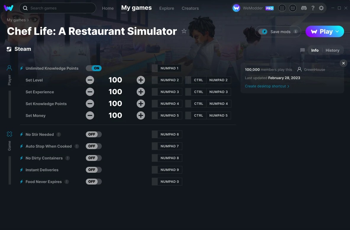 скачать Chef Life: A Restaurant Simulator +10 трейнер v28.02.2023 {GreenHouse / WeMod}