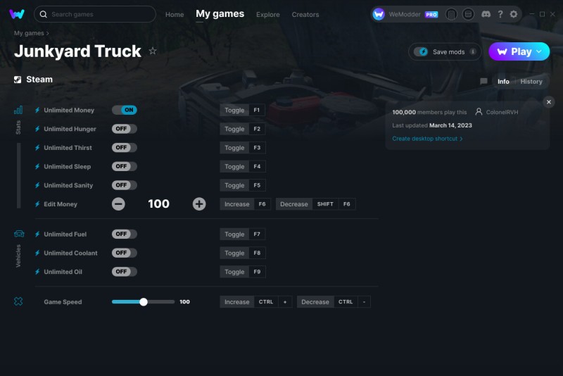 скачать Junkyard Truck: +10 трейнер v14.03.2023 {ColonelRVH / WeMod}