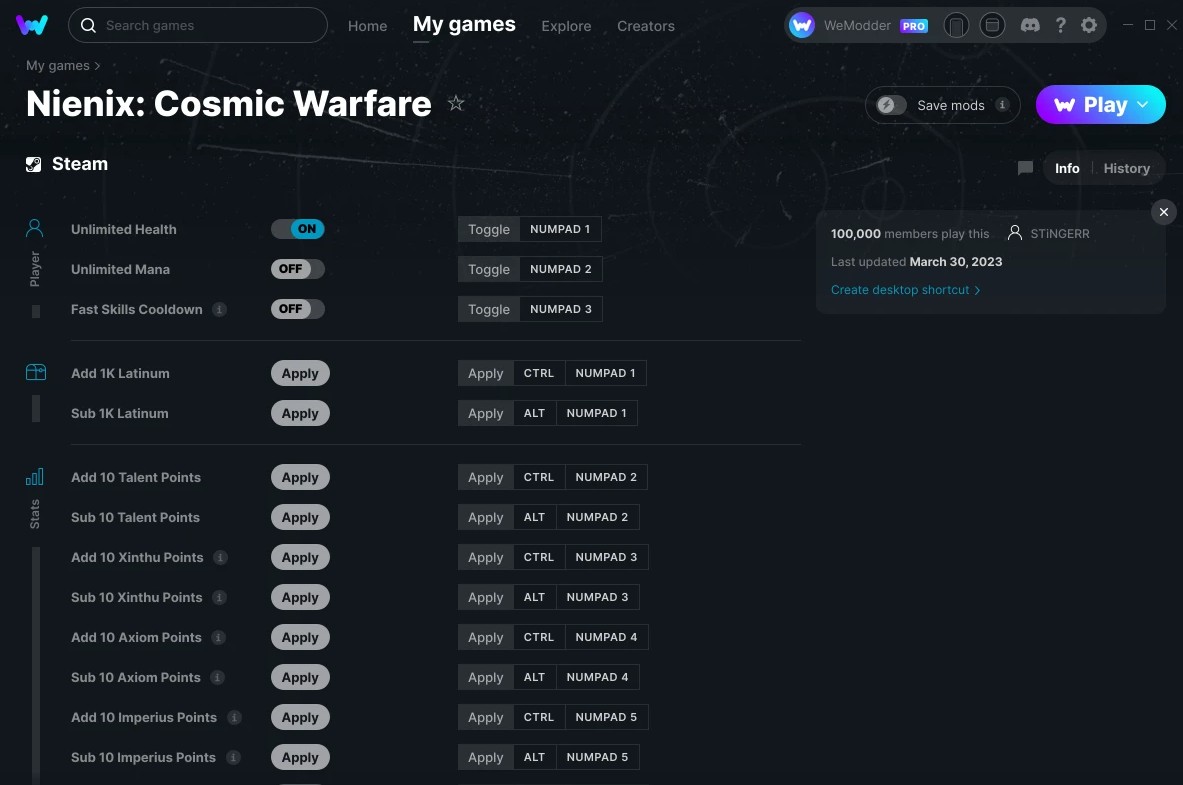 скачать Nienix: Cosmic Warfare +24 трейнер v31.03.2023 {STiNGERR / WeMod}