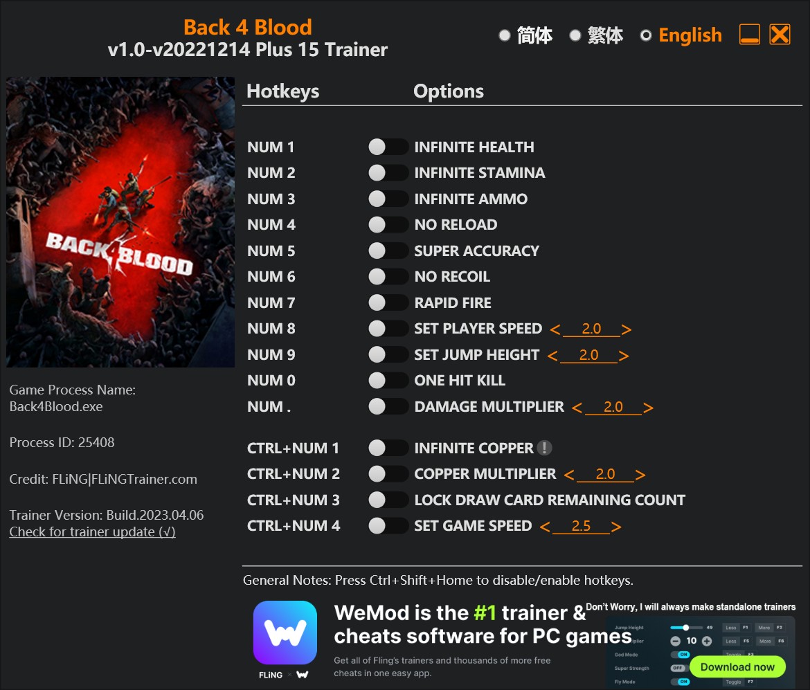 скачать Back 4 Blood: +15 трейнер v1.0-v20221214 {FLiNG}