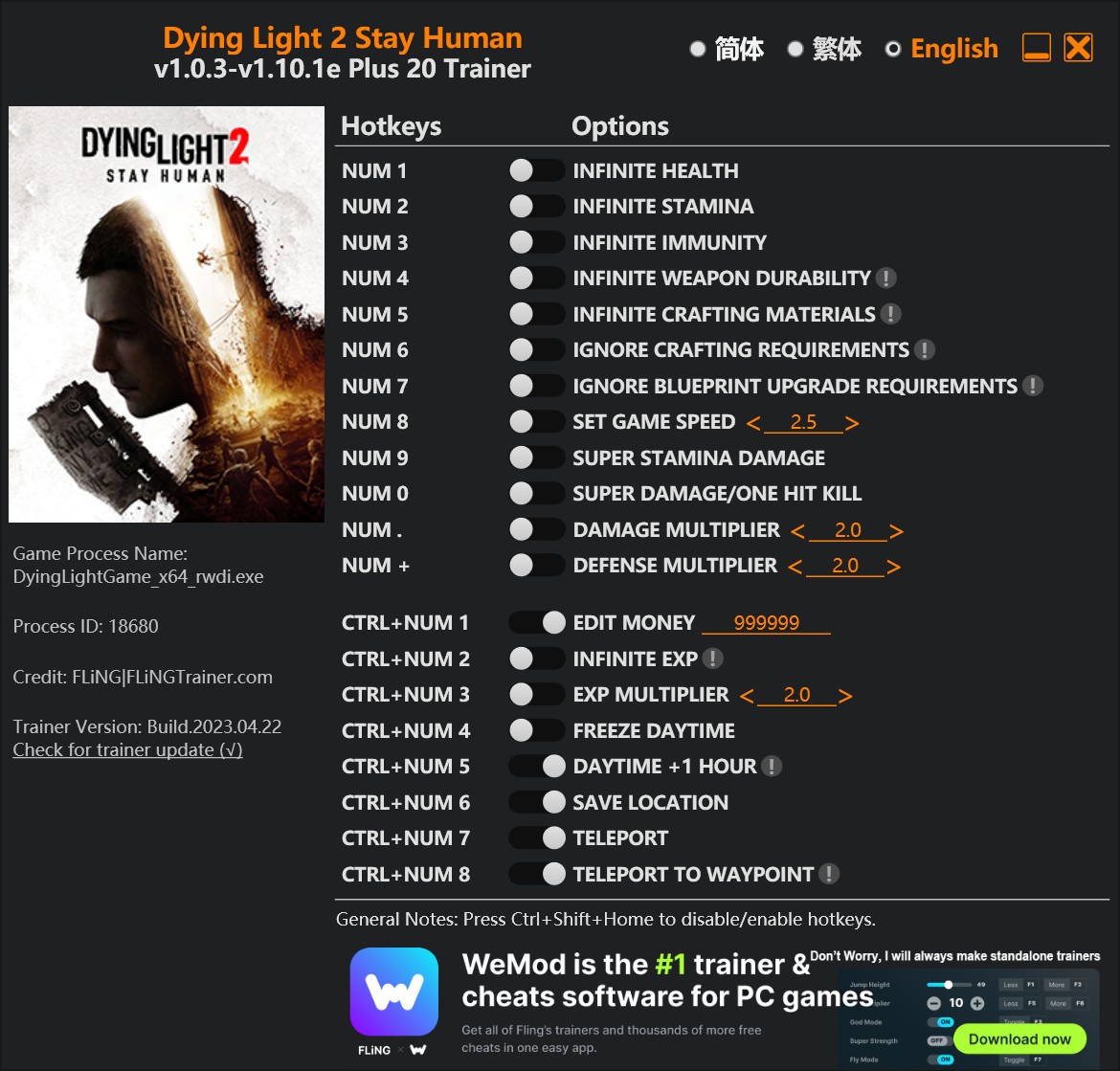 скачать Dying Light 2 Stay Human: +20 трейнер v1.0.3-v1.10.1e {FLiNG}