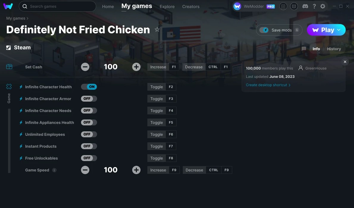 скачать Definitely Not Fried Chicken: +9 трейнер v08.06.2023 {GreenHouse / WeMod}