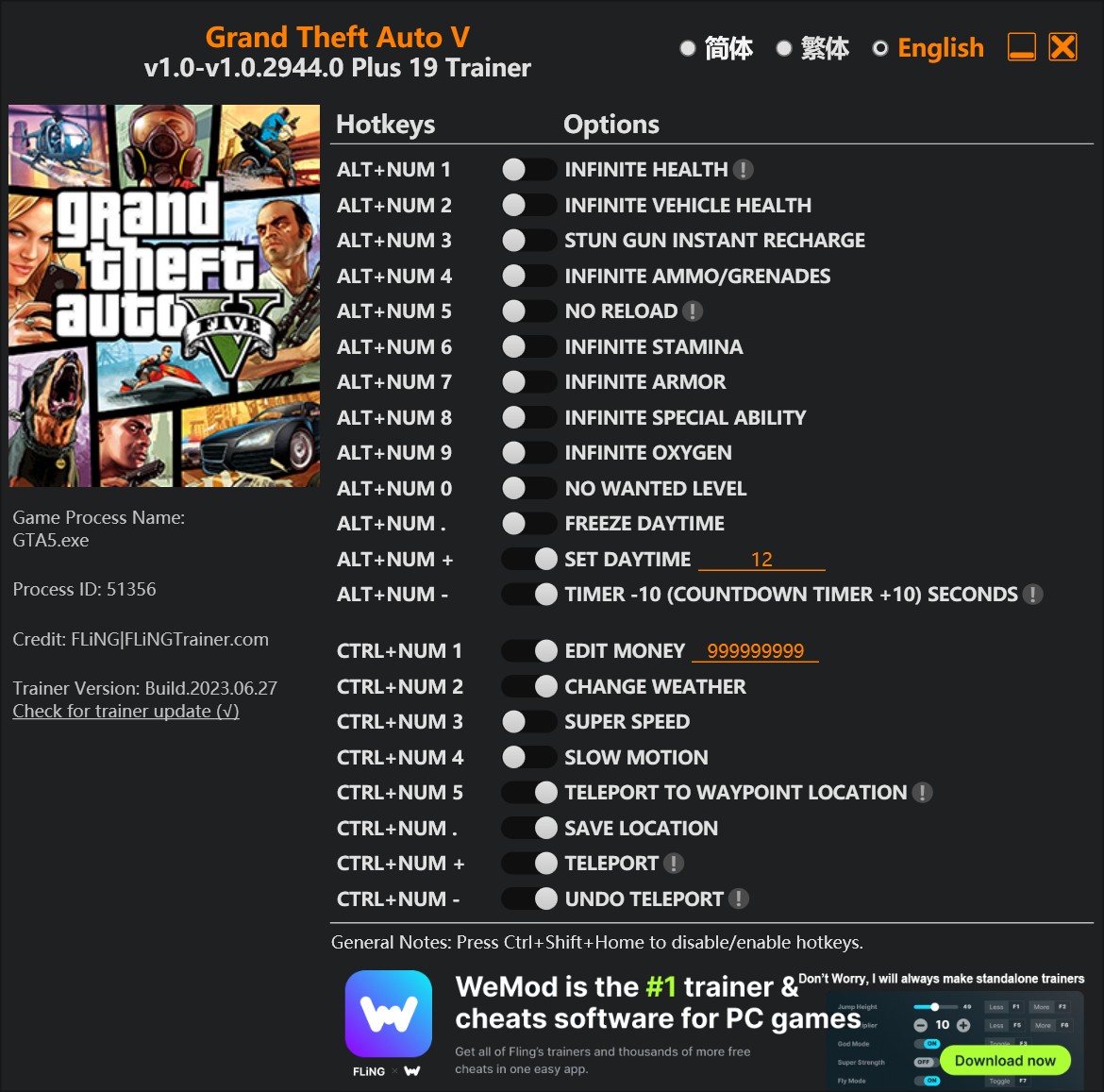 скачать Grand Theft Auto 5: +19 трейнер v1.0-v1.0.2944.0 {FLiNG}