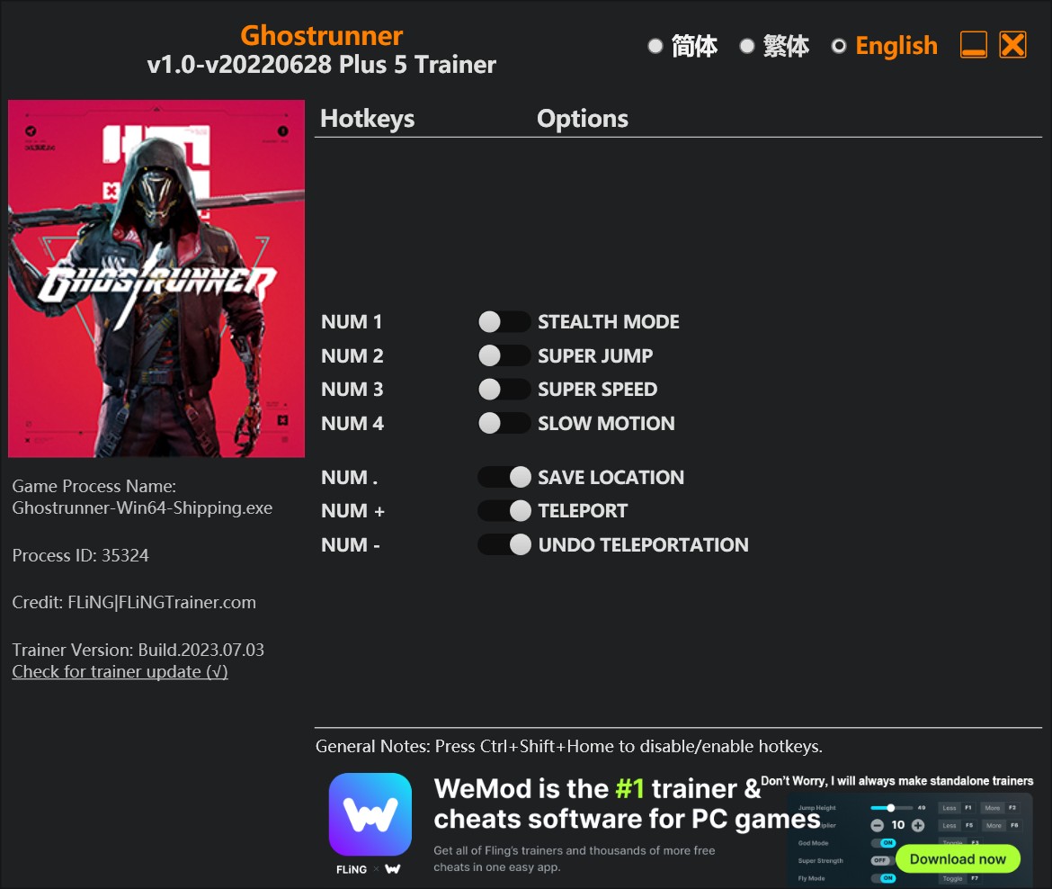 скачать Ghostrunner: +5 трейнер v1.0-v20220628 {FLiNG}