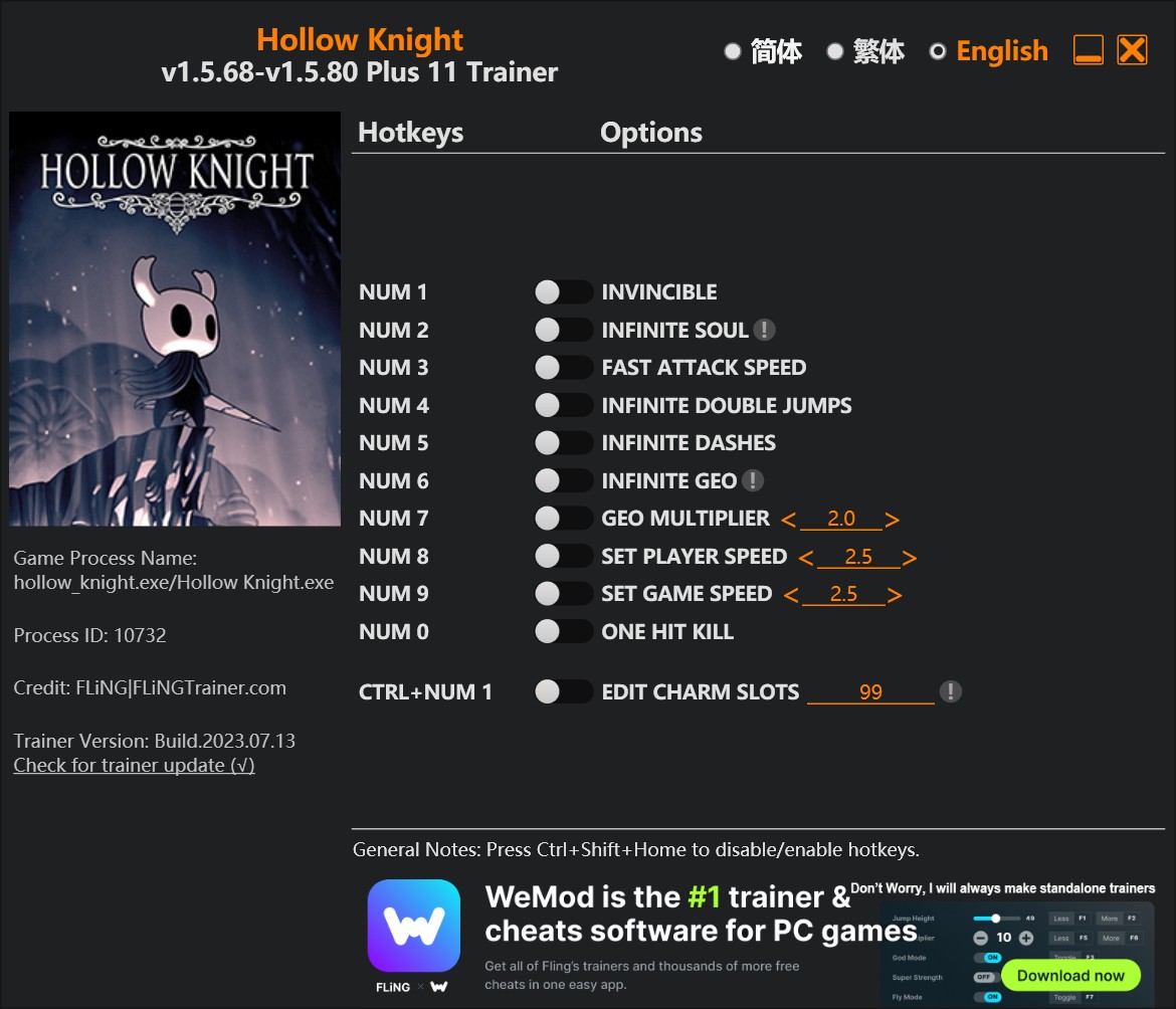 скачать Hollow Knight: +11 трейнер v1.4.3.2-v1.5.80 {FLiNG}