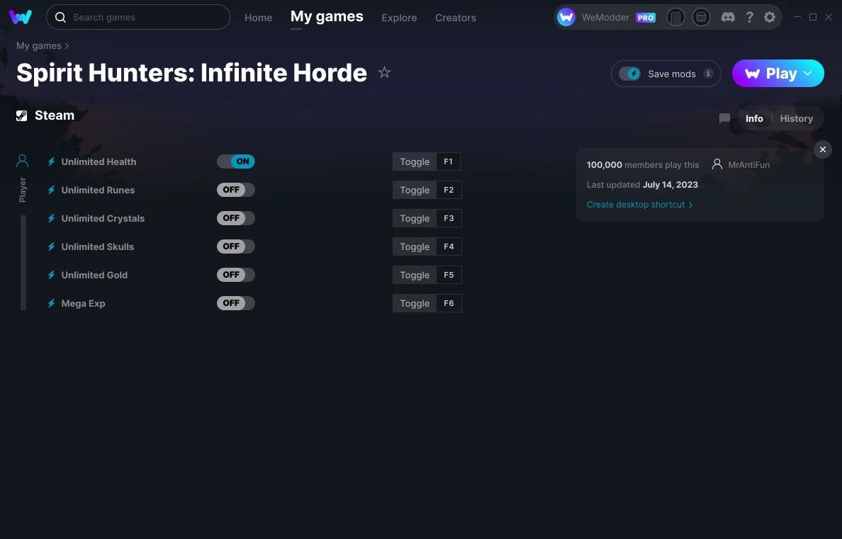 скачать Spirit Hunters: Infinite Horde +6 трейнер v14.07.2023 {MrAntiFun / WeMod}