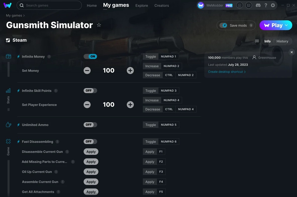 скачать Gunsmith Simulator: +12 трейнер v28.07.2023 {GreenHouse / WeMod}